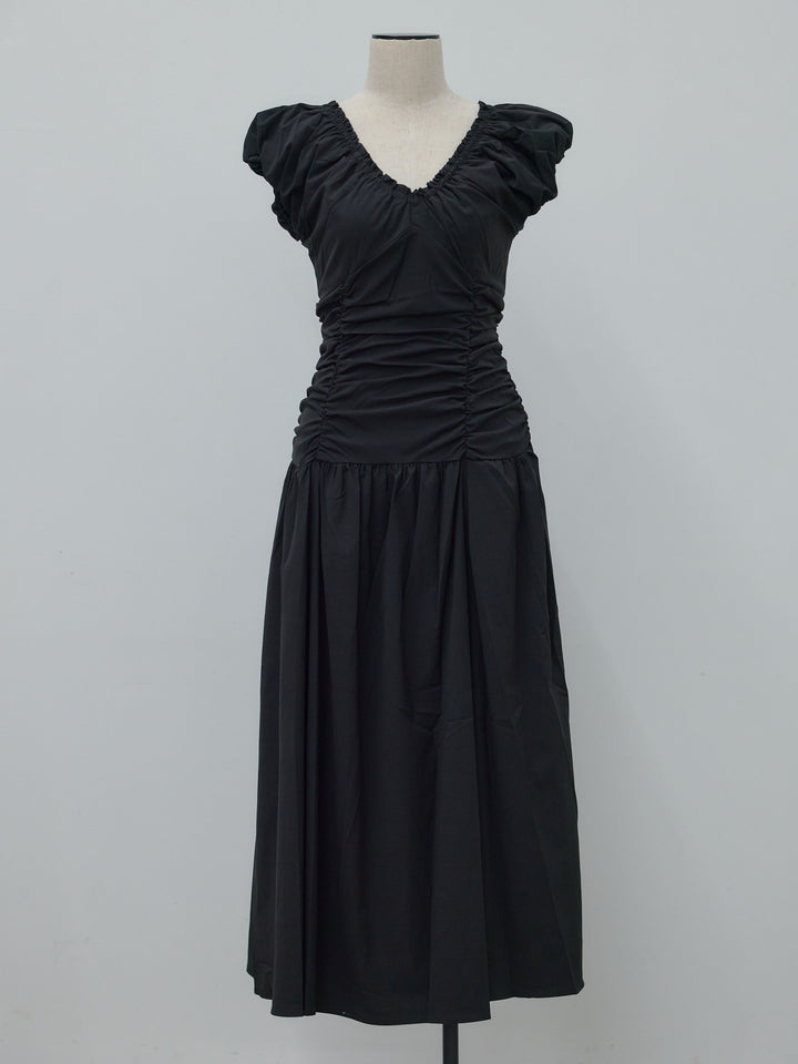 【Essential】Shirring flare puff sleeve one piece