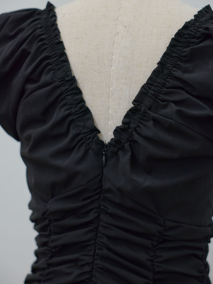 【Essential】Shirring flare puff sleeve one piece