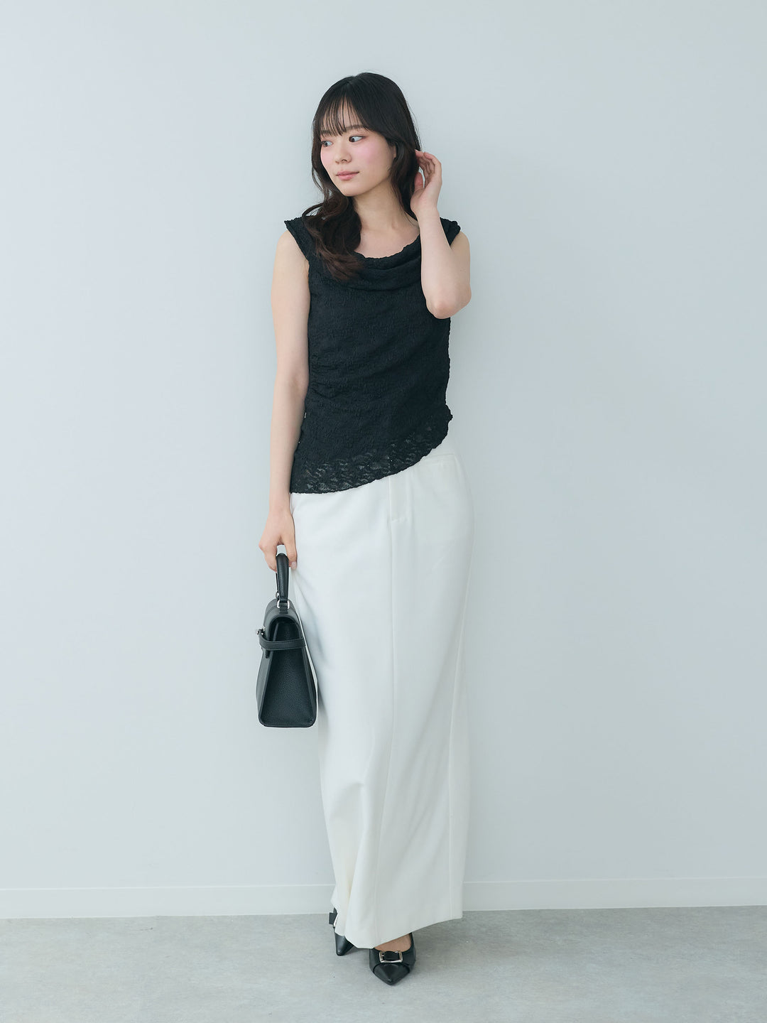【SET】ジャガードレースドレープアシンメトリーノースリトップス+【Essential】Authentic pencil skrt(2set)