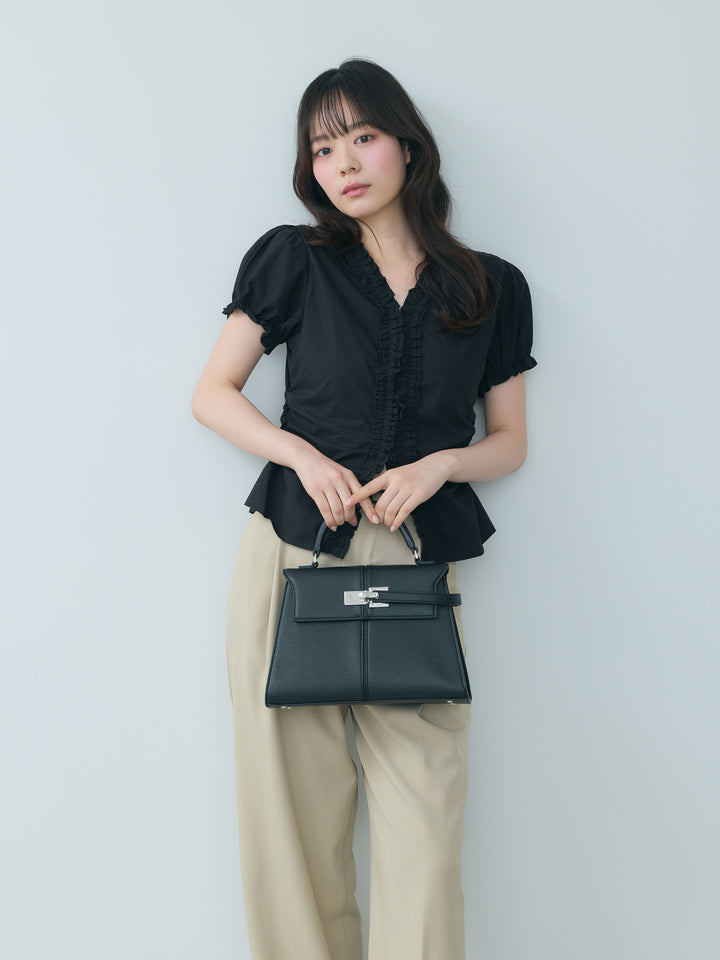 【SET】ニュアンスギャザーフリルショートブラウス+センタープレスベーシックストレートパンツ(2set)