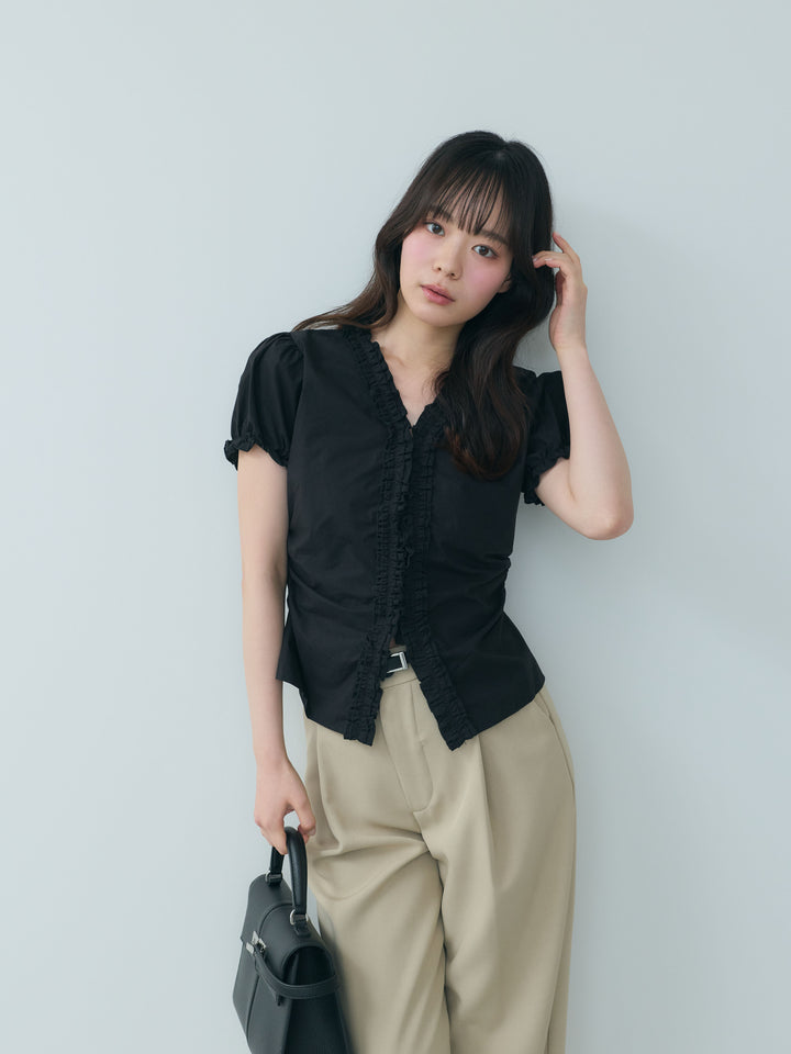 【SET】ニュアンスギャザーフリルショートブラウス+センタープレスベーシックストレートパンツ(2set)