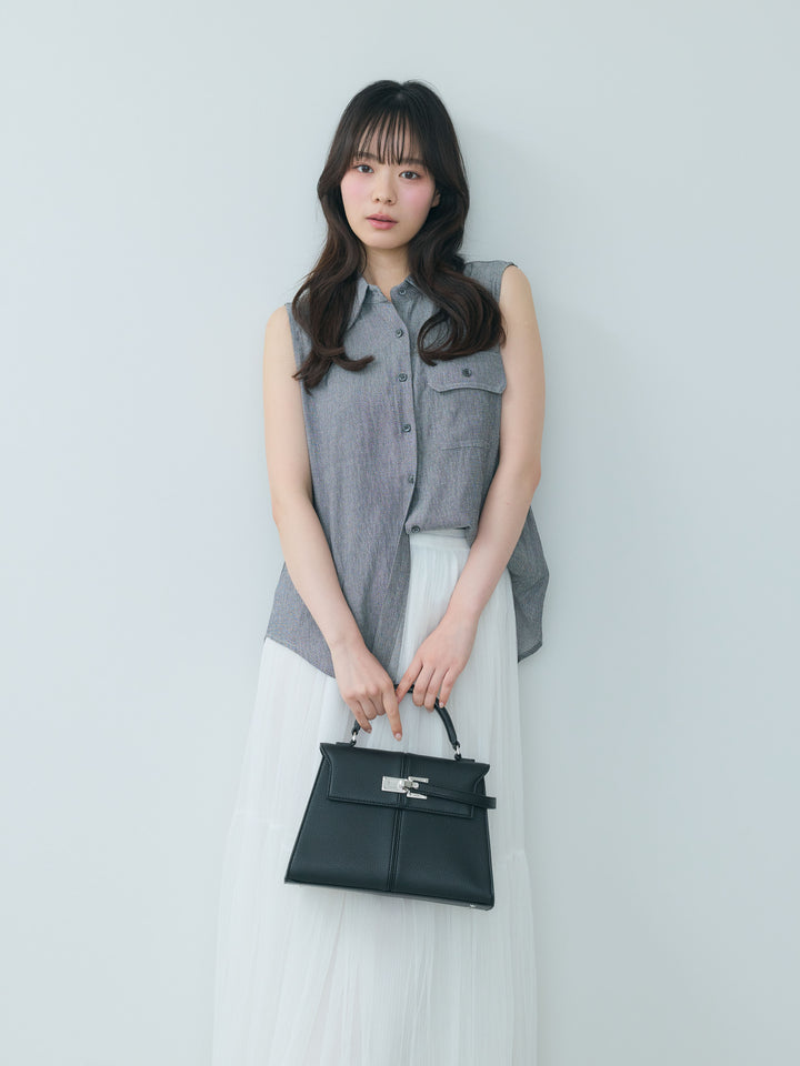 【SET】リネンブレンドノースリーブシャツ+裾レースデザインチュールスカート(2set)