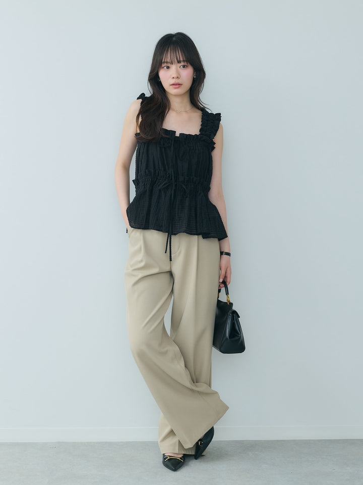 【SET】シアーシャーリングギャザーノースリトップス+センタープレスベーシックストレートパンツ(2set)