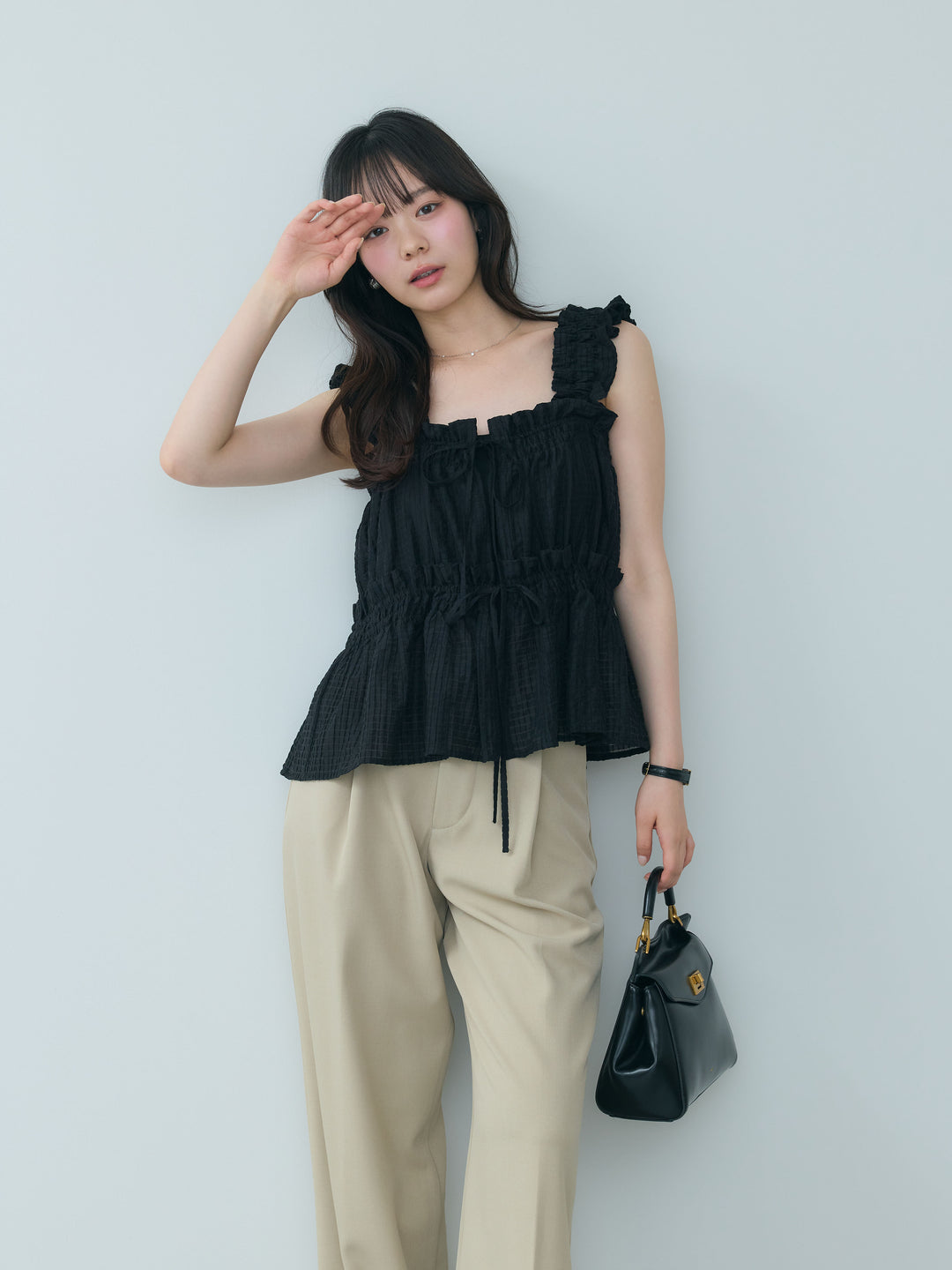 【SET】シアーシャーリングギャザーノースリトップス+センタープレスベーシックストレートパンツ(2set)