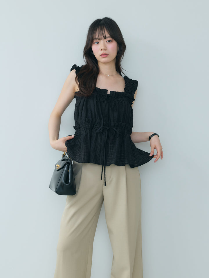 【SET】シアーシャーリングギャザーノースリトップス+センタープレスベーシックストレートパンツ(2set)