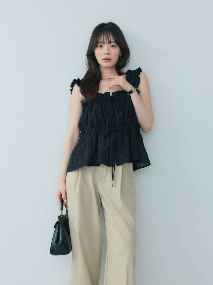 【SET】シアーシャーリングギャザーノースリトップス+センタープレスベーシックストレートパンツ(2set)