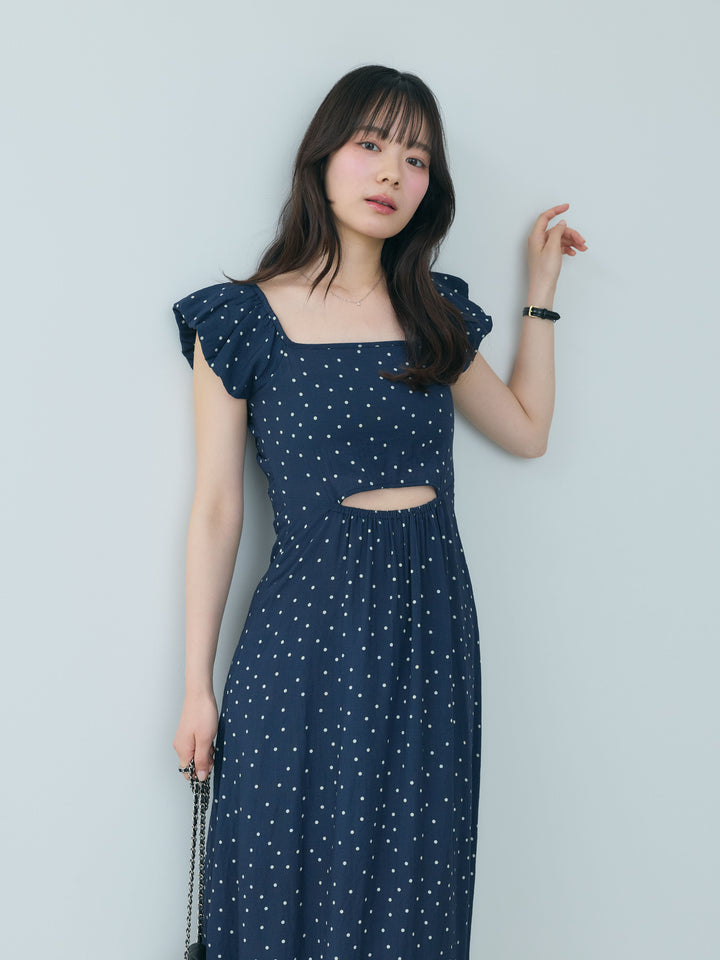フロントオープンドットパターンスクエアネックワンピース
