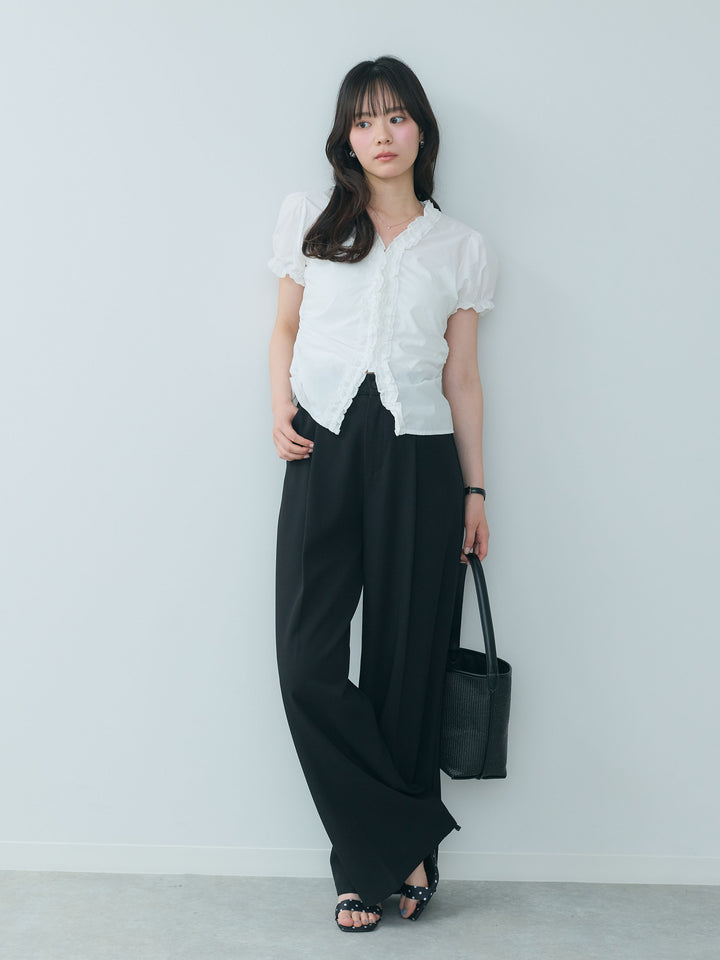 【SET】ニュアンスギャザーフリルショートブラウス+センタープレスベーシックストレートパンツ(2set)