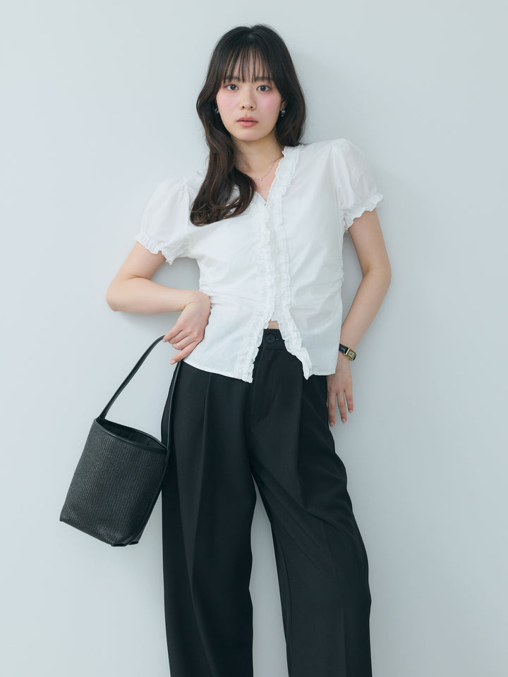【SET】ニュアンスギャザーフリルショートブラウス+センタープレスベーシックストレートパンツ(2set)