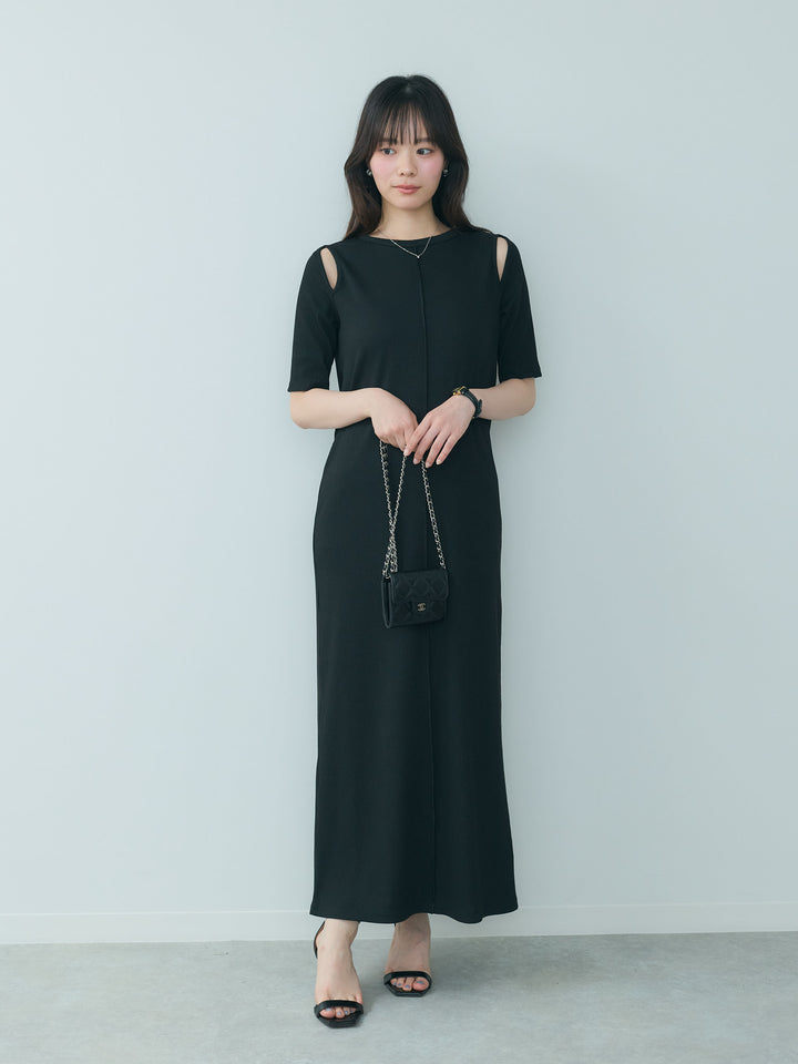 ショルダースリットハーフスリーブカットリブワンピース