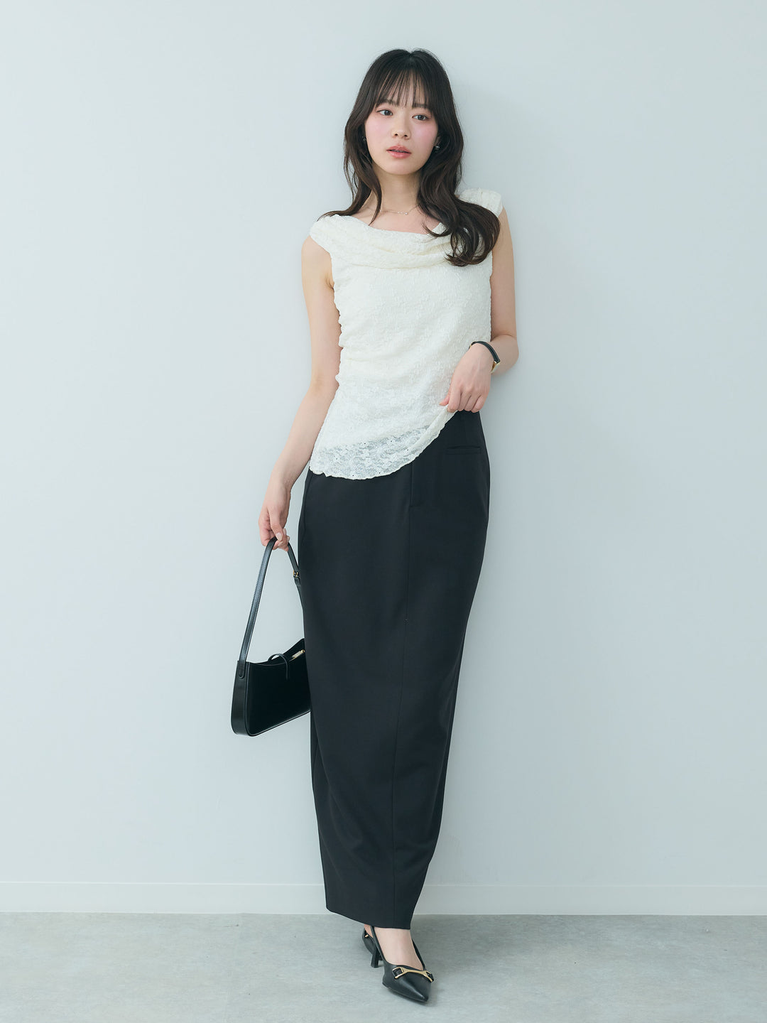 【SET】ジャガードレースドレープアシンメトリーノースリトップス+【Essential】Authentic pencil skrt(2set)