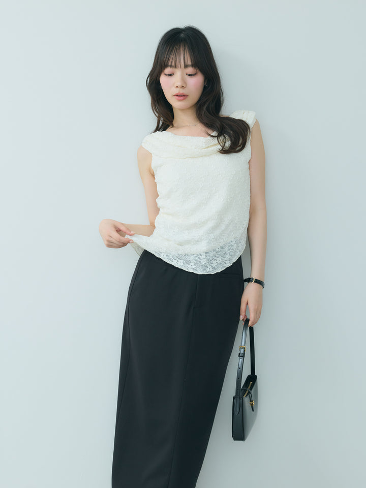 【SET】ジャガードレースドレープアシンメトリーノースリトップス+【Essential】Authentic pencil skrt(2set)