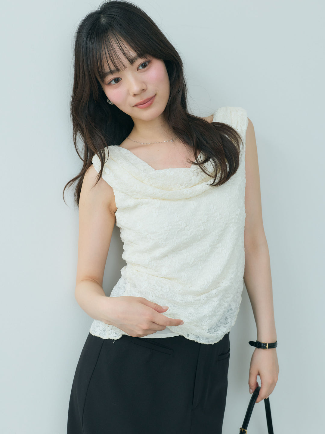 【SET】ジャガードレースドレープアシンメトリーノースリトップス+【Essential】Authentic pencil skrt(2set)