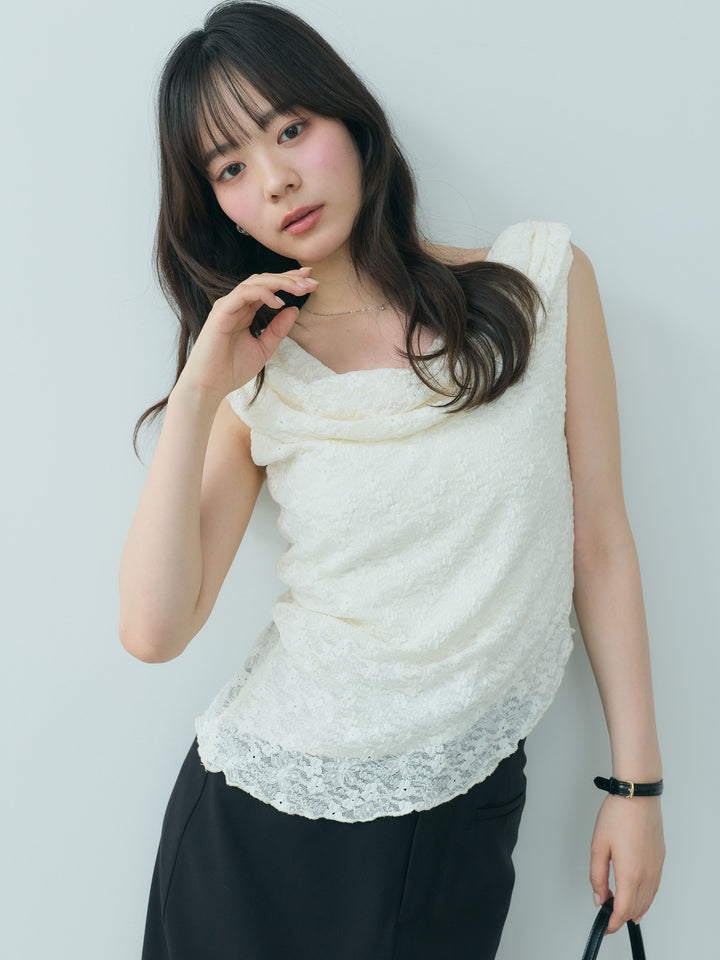 【SET】ジャガードレースドレープアシンメトリーノースリトップス+【Essential】Authentic pencil skrt(2set)