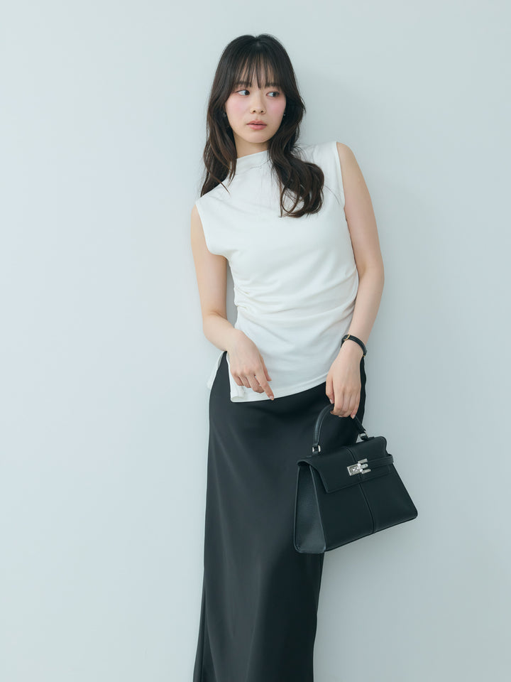 【SET】【cool touch】シルキースムースボトルネックトップス+ライトサテンナロースカート(2set)
