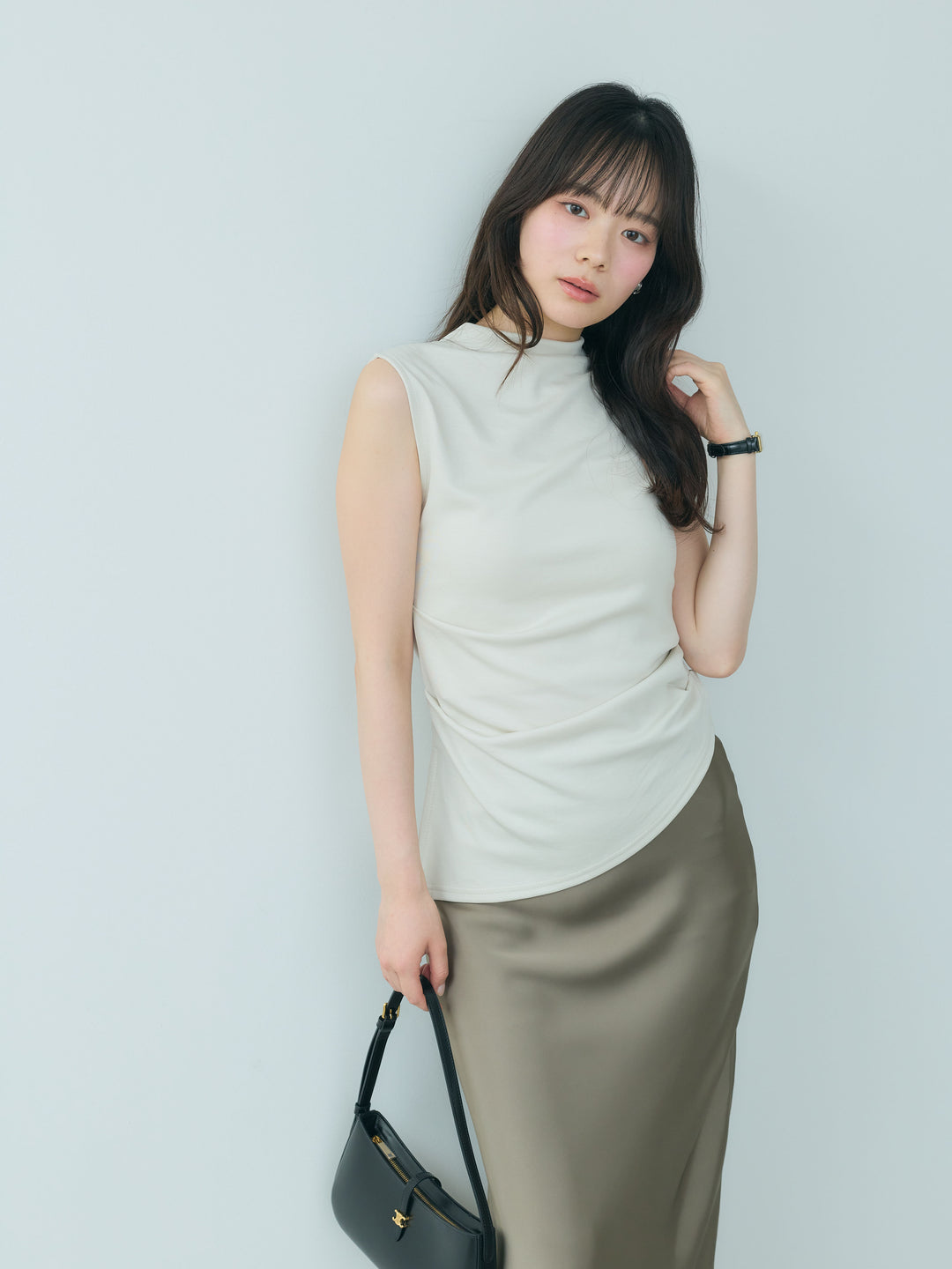 【SET】【cool touch】シルキースムースボトルネックトップス+ライトサテンナロースカート(2set)