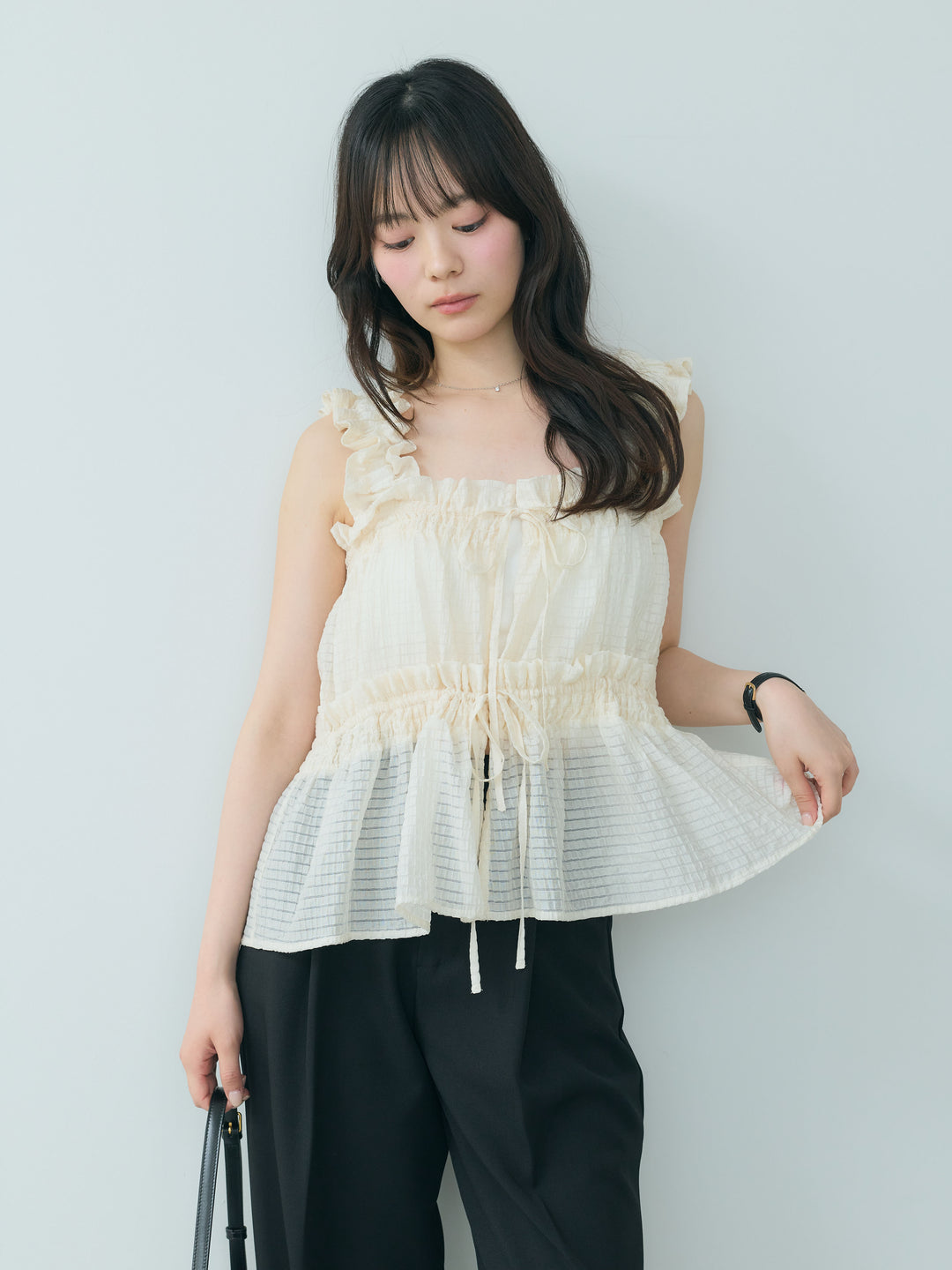 【SET】シアーシャーリングギャザーノースリトップス+センタープレスベーシックストレートパンツ(2set)