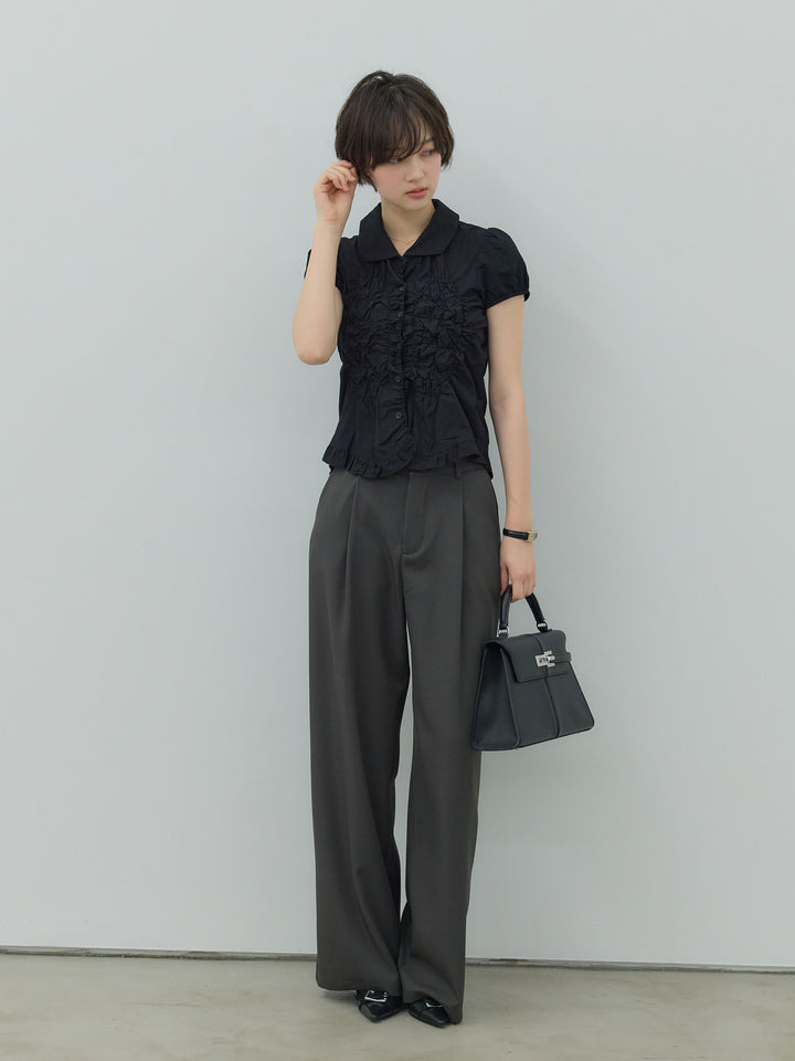 【SET】フリルヘムギャザーコンパクトブラウス+センタープレスベーシックストレートパンツ(2set)