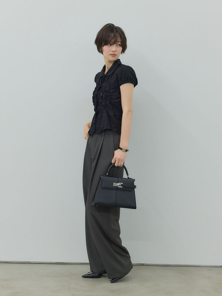 【SET】フリルヘムギャザーコンパクトブラウス+センタープレスベーシックストレートパンツ(2set)