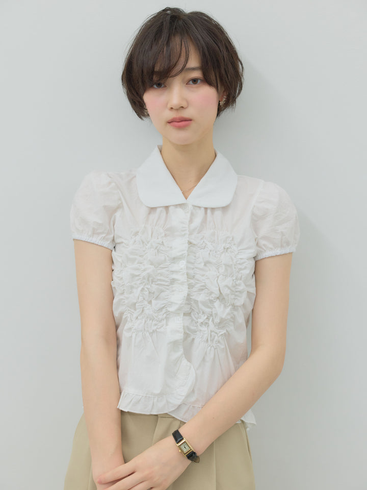 【SET】フリルヘムギャザーコンパクトブラウス+センタープレスベーシックストレートパンツ(2set)