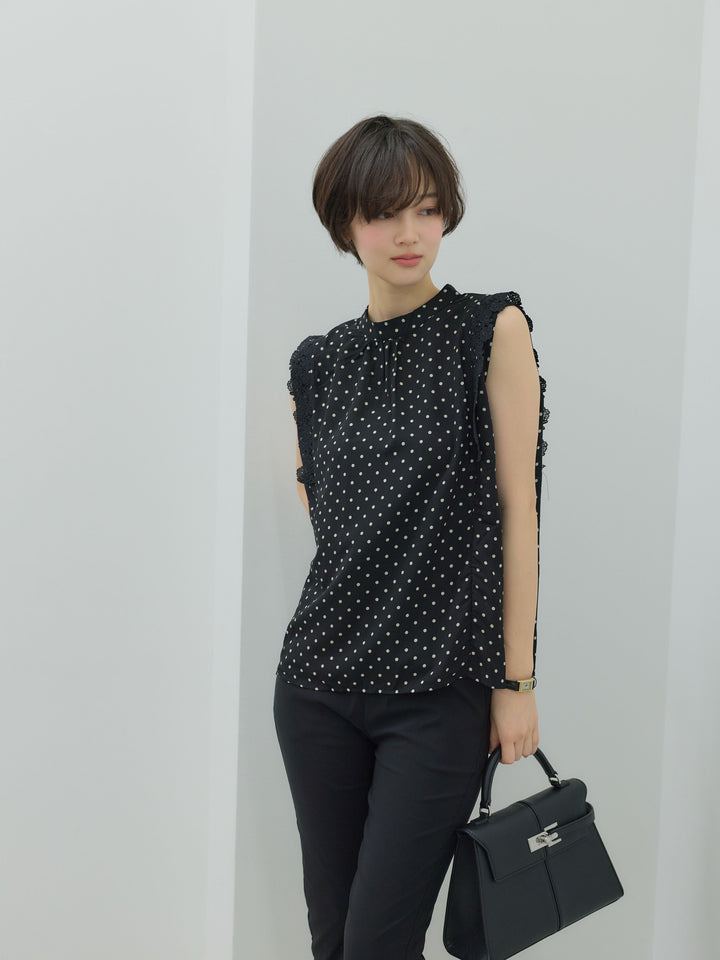 【SET】アソート柄ショルダーレースノースリーブブラウス+スカラップレースストレッチカプリパンツ(2set)