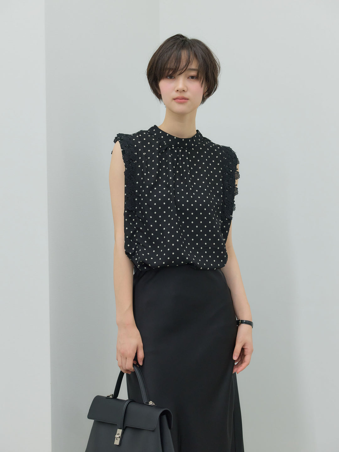 【SET】アソート柄ショルダーレースノースリーブブラウス+ライトサテンナロースカート(2set)