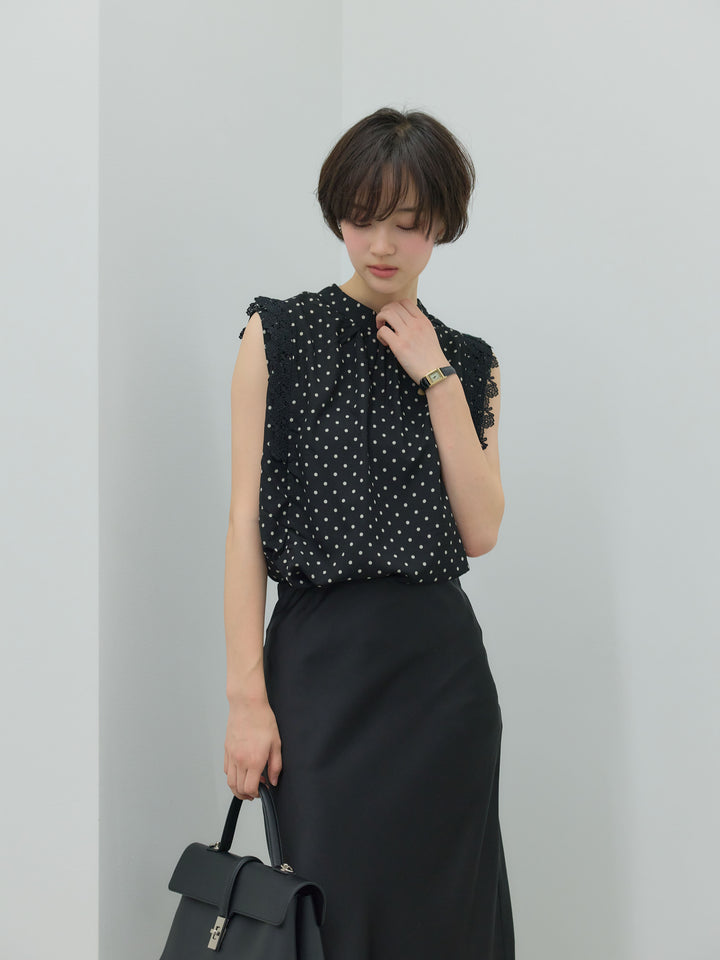 【SET】アソート柄ショルダーレースノースリーブブラウス+ライトサテンナロースカート(2set)