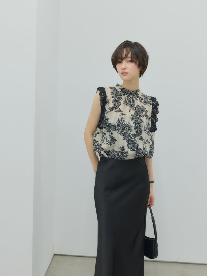 【SET】アソート柄ショルダーレースノースリーブブラウス+ライトサテンナロースカート(2set)