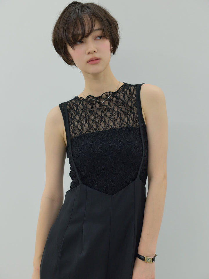 【SET】ストレッチ総レースノースリトップス+Vカッティングハイウエストサロペット(2set)