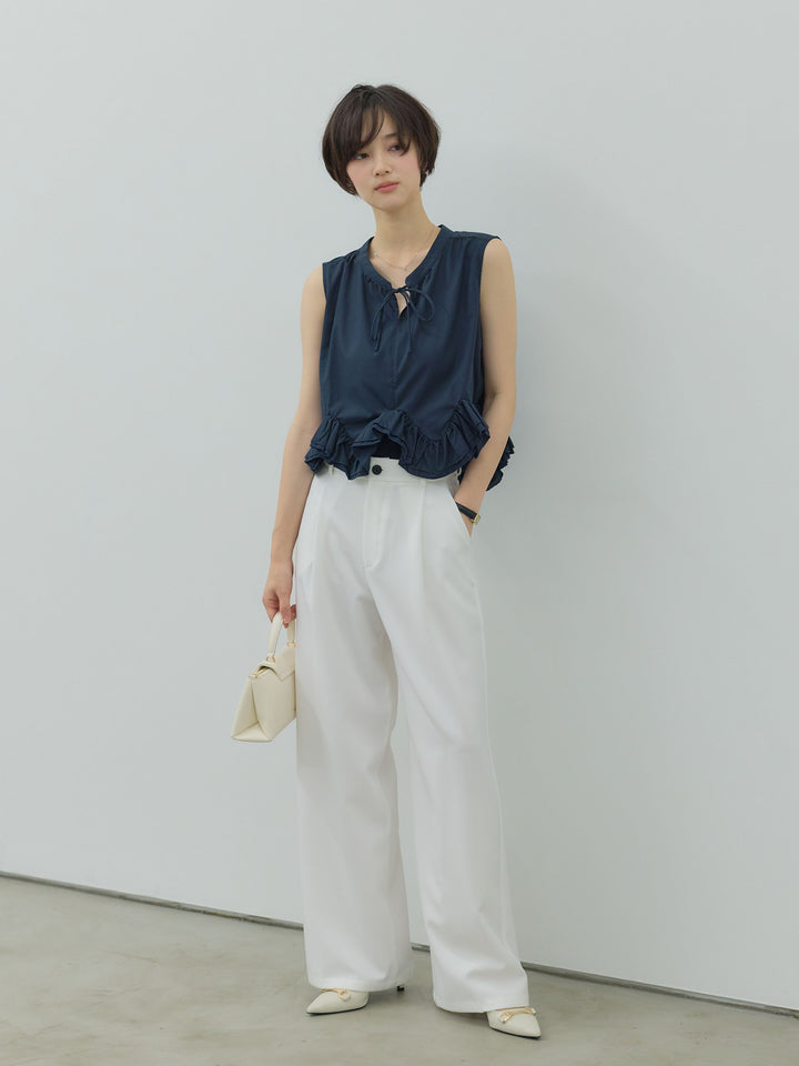 【SET】ランダムフリルヘムノースリブラウス+センタープレスベーシックストレートパンツ(2set)