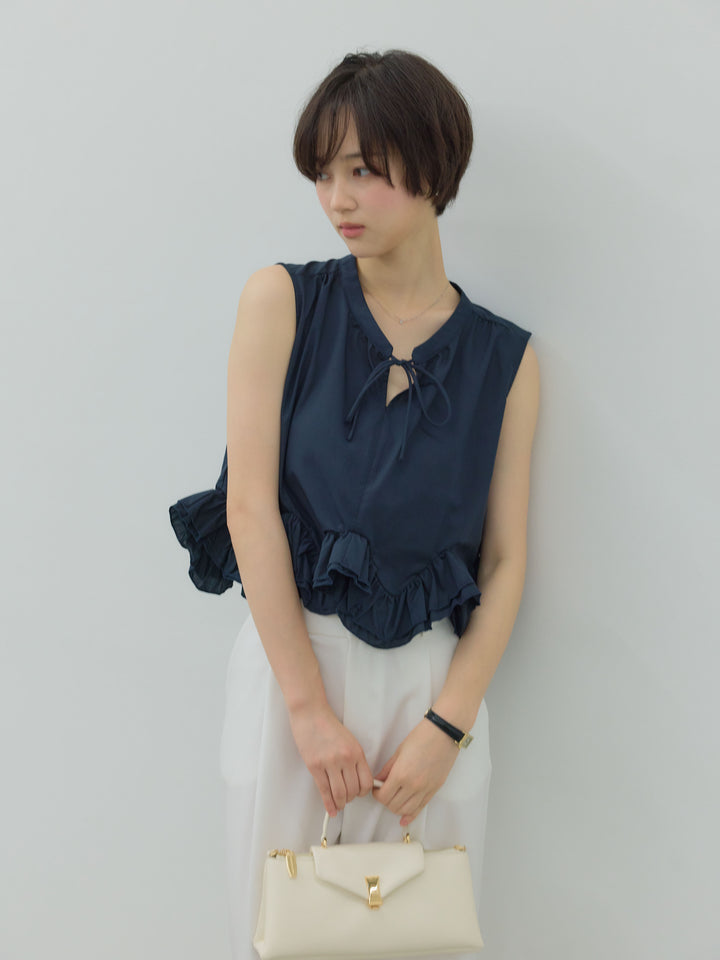 【SET】ランダムフリルヘムノースリブラウス+センタープレスベーシックストレートパンツ(2set)