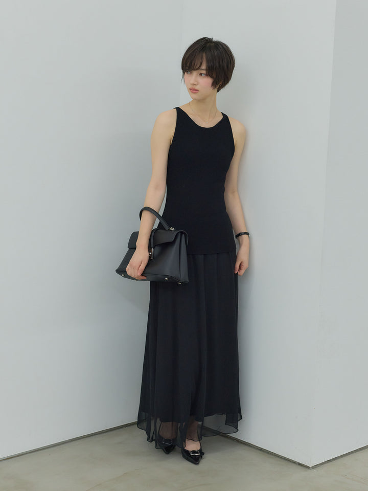 【SET】変形リブアメスリサマーニットトップス+エアリーシフォンフレアスカート(2set)