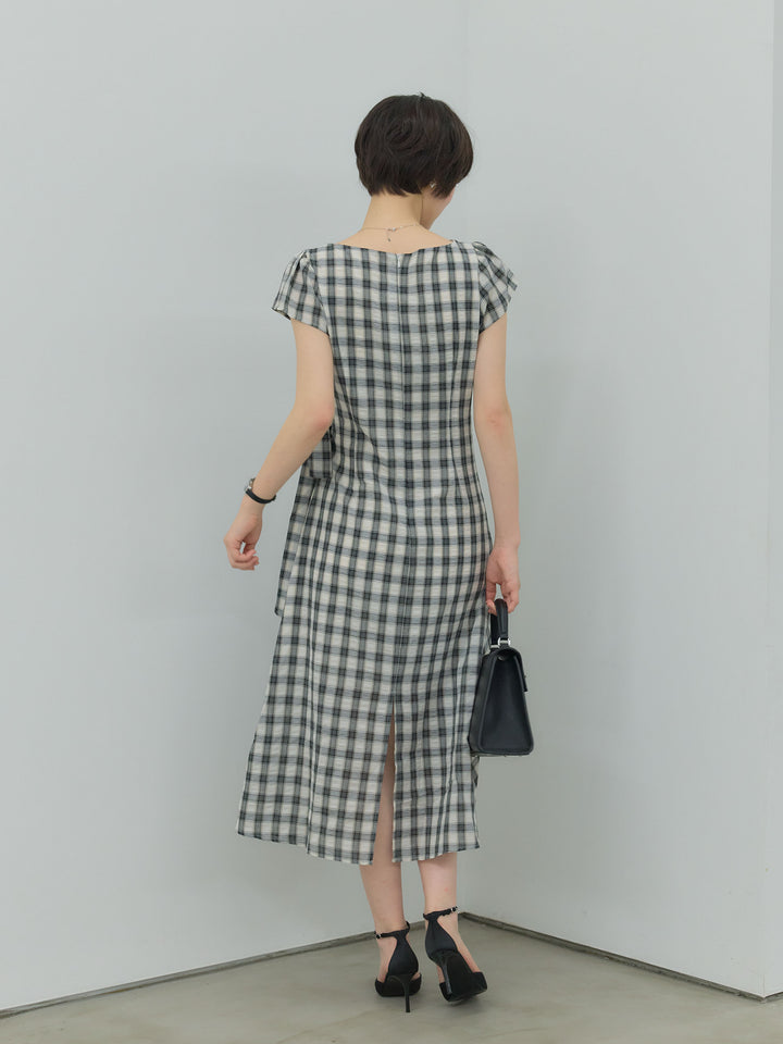 サイドリボンチェックパフスリーブワンピース