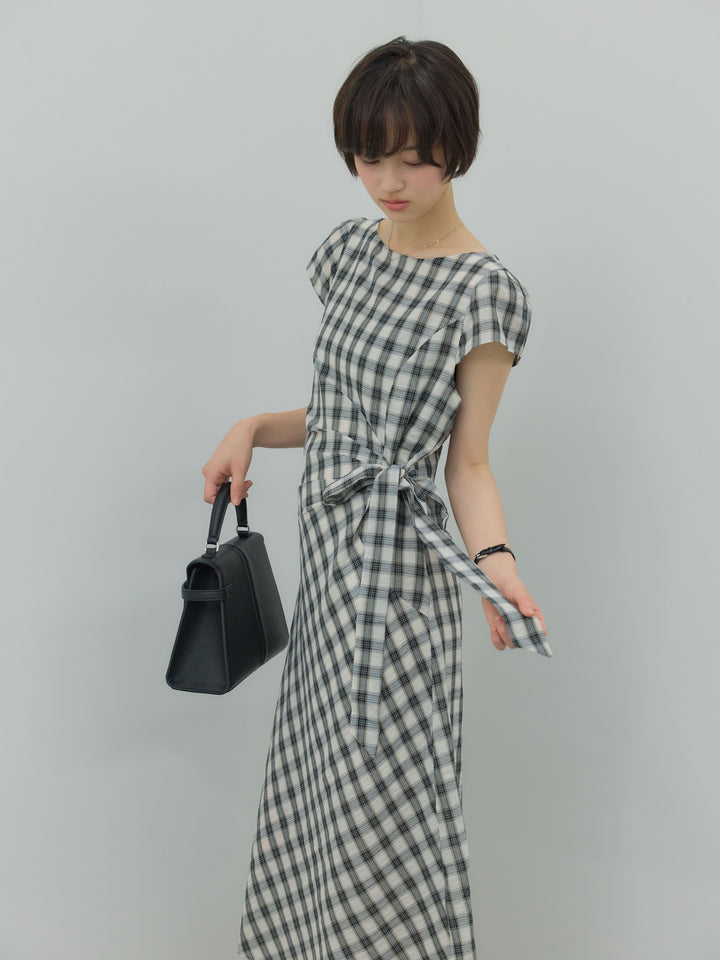 サイドリボンチェックパフスリーブワンピース