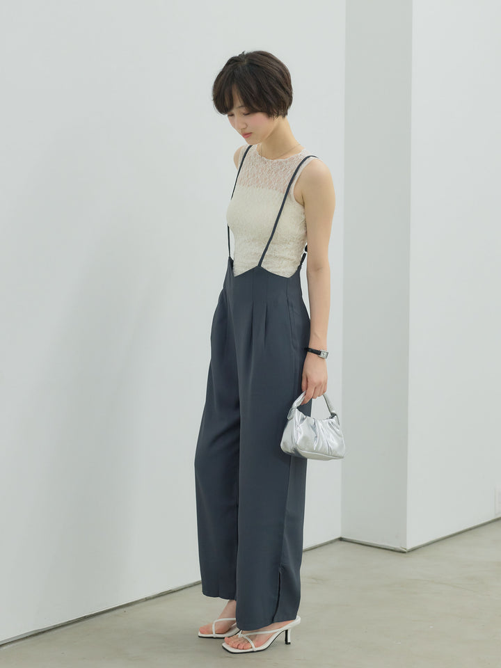 【SET】ストレッチ総レースノースリトップス+Vカッティングハイウエストサロペット(2set)