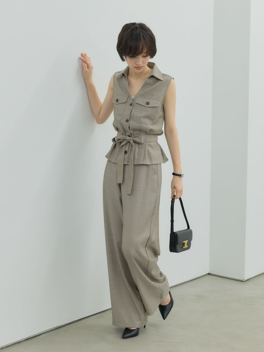 【SET】リネンブレンドオープンカラーフラップポケットシャツ+リネンブレンドストレートワイドパンツ(2set)