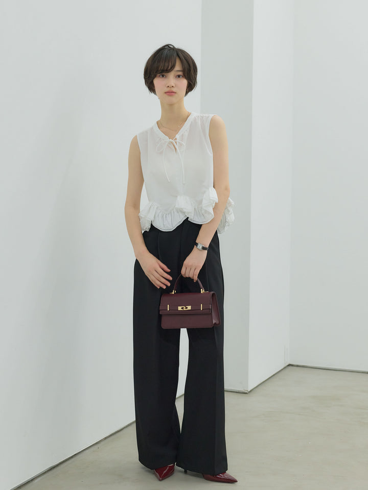 【SET】ランダムフリルヘムノースリブラウス+センタープレスベーシックストレートパンツ(2set)