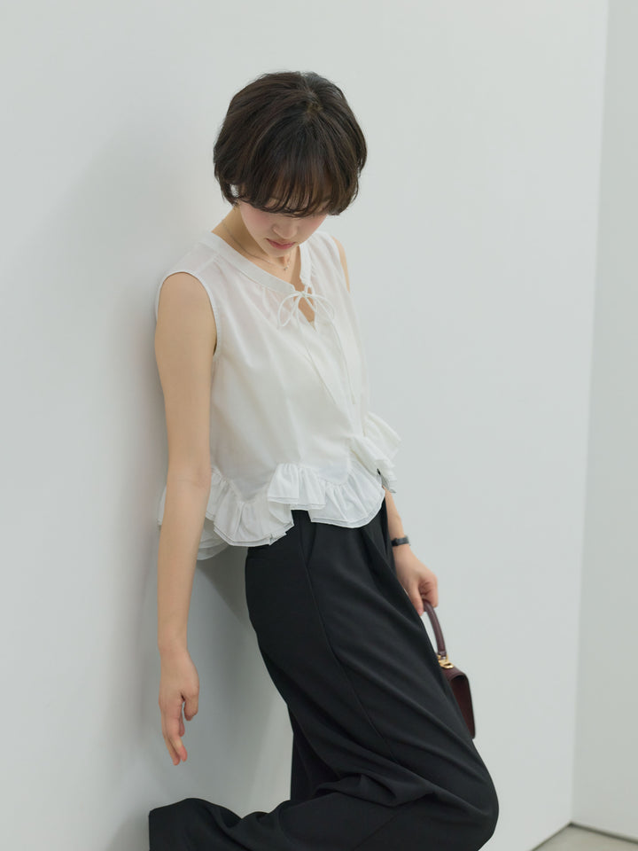 【SET】ランダムフリルヘムノースリブラウス+センタープレスベーシックストレートパンツ(2set)