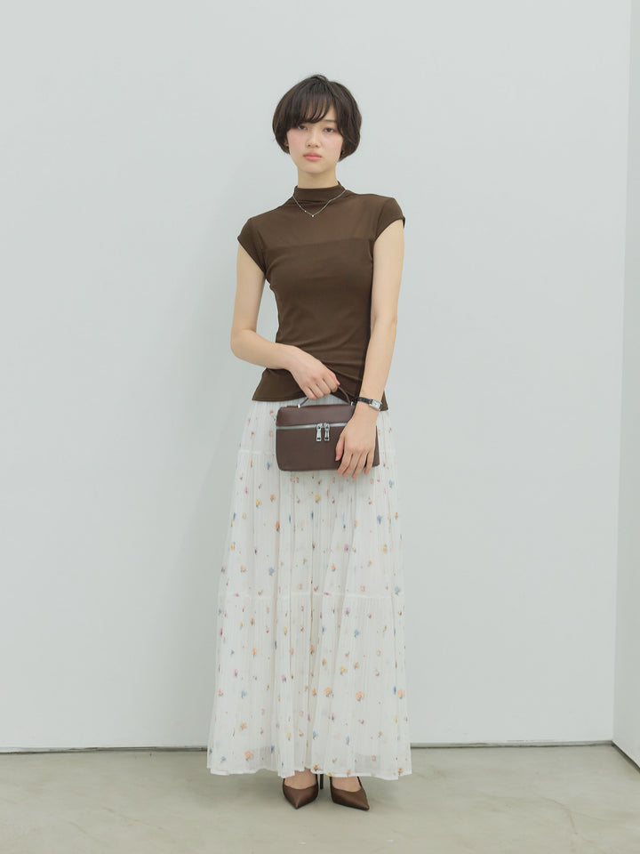 【SET】シアー切替ボトルネックフレンチスリーブストレッチカットソー+ヴィンテージ柄シアーティアードスカート(2set)