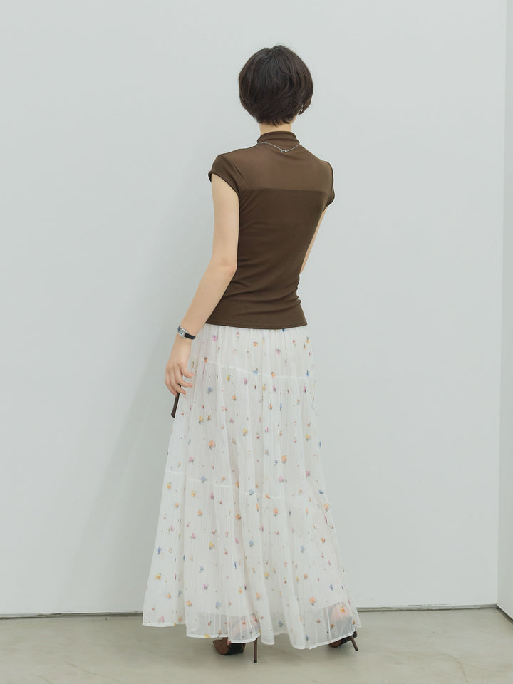 【SET】シアー切替ボトルネックフレンチスリーブストレッチカットソー+ヴィンテージ柄シアーティアードスカート(2set)