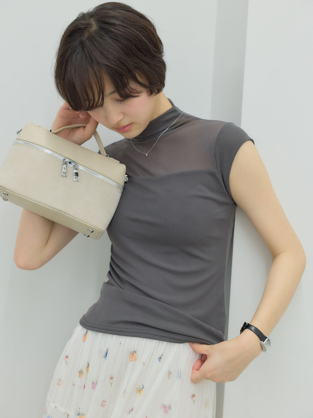 【SET】シアー切替ボトルネックフレンチスリーブストレッチカットソー+ヴィンテージ柄シアーティアードスカート(2set)