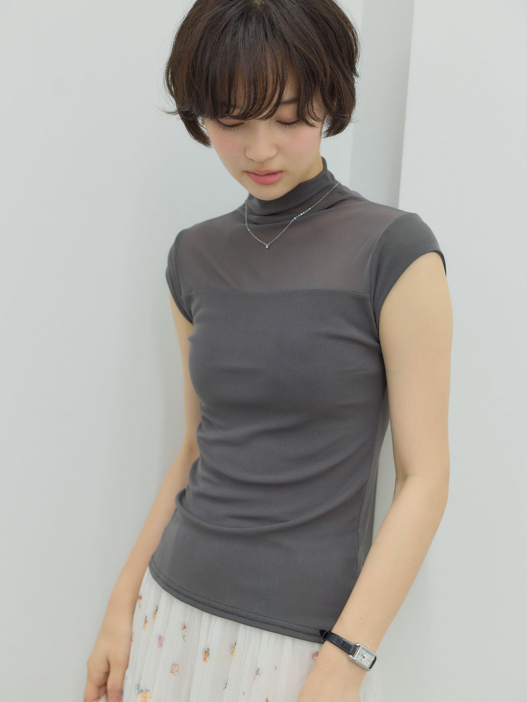 【SET】シアー切替ボトルネックフレンチスリーブストレッチカットソー+ヴィンテージ柄シアーティアードスカート(2set)