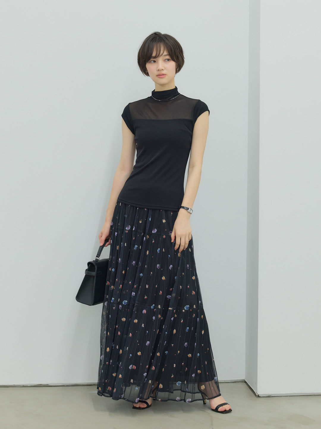 【SET】シアー切替ボトルネックフレンチスリーブストレッチカットソー+ヴィンテージ柄シアーティアードスカート(2set)