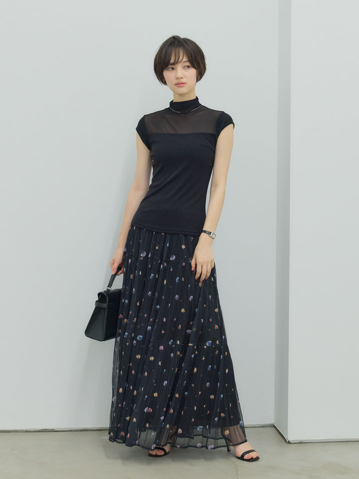 【SET】シアー切替ボトルネックフレンチスリーブストレッチカットソー+ヴィンテージ柄シアーティアードスカート(2set)