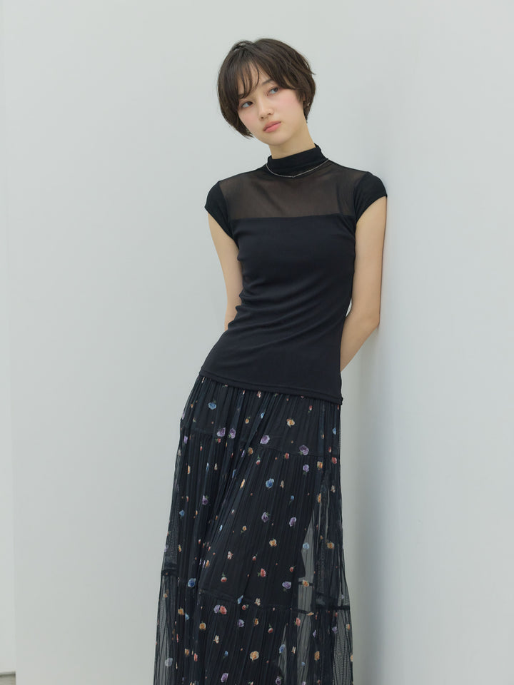 【SET】シアー切替ボトルネックフレンチスリーブストレッチカットソー+ヴィンテージ柄シアーティアードスカート(2set)