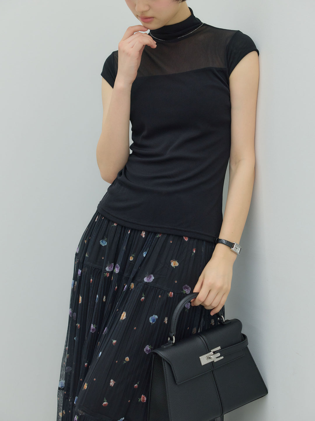 【SET】シアー切替ボトルネックフレンチスリーブストレッチカットソー+ヴィンテージ柄シアーティアードスカート(2set)