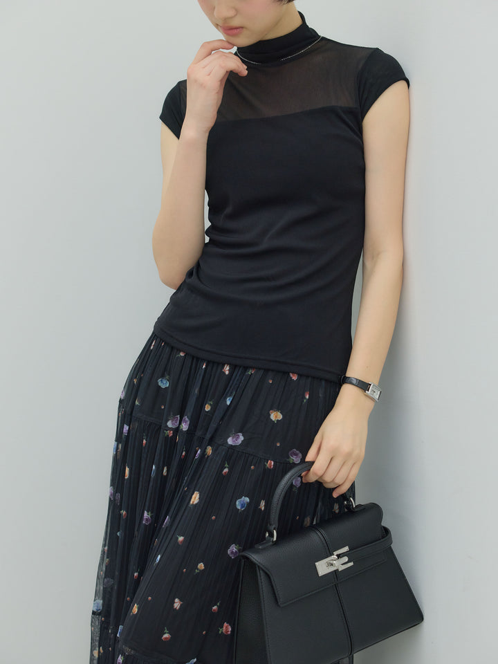 【SET】シアー切替ボトルネックフレンチスリーブストレッチカットソー+ヴィンテージ柄シアーティアードスカート(2set)