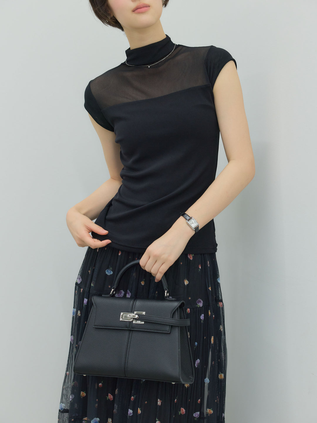 【SET】シアー切替ボトルネックフレンチスリーブストレッチカットソー+ヴィンテージ柄シアーティアードスカート(2set)