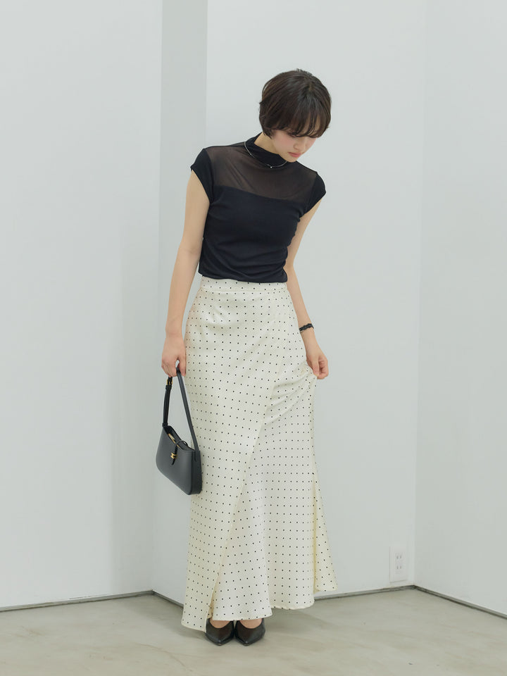 【SET】シアー切替ボトルネックフレンチスリーブストレッチカットソー+【Essential】Wrap design satin mermaid skirt(2set)