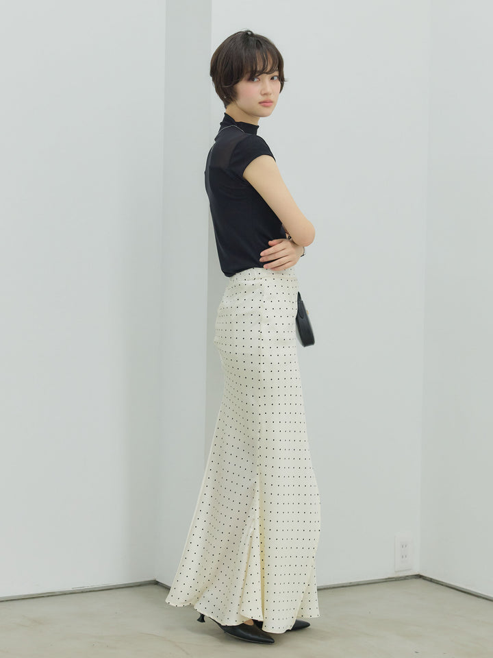 【SET】シアー切替ボトルネックフレンチスリーブストレッチカットソー+【Essential】Wrap design satin mermaid skirt(2set)